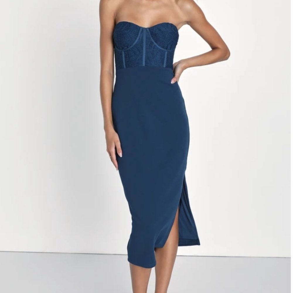 Passionate Aura Teal Blue Textured Strapless Bustier Midi Dress-Lulus